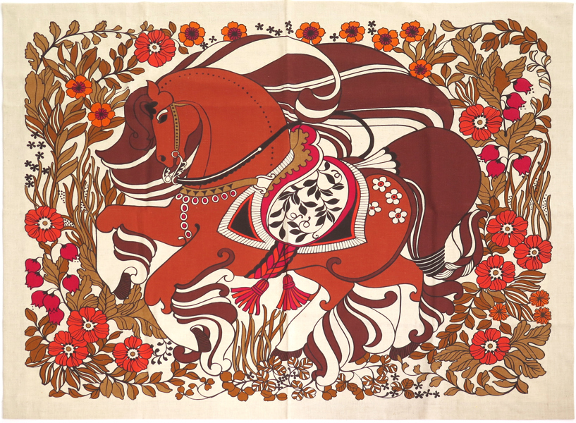 TEXTILTRYCK på linne, dekor av häst, 115 x 140 cm