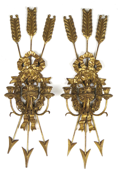 VÄGGLAMPETTER för 3 ljus, par, förgyllt trä och metall