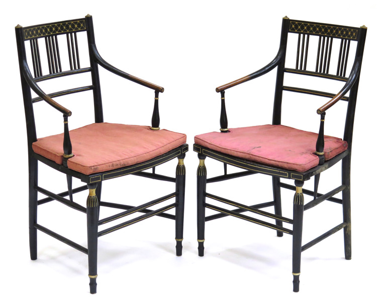 Armstolar, 1 par, svarvad, svartlackerad och bronserad ek med rpttingklädsel, Louis XVI, sekelskiftet 1800,