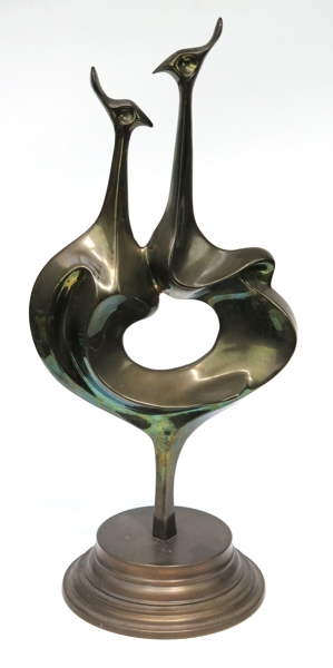 Okänd konstnär, skulptur, polerad brons, två påfåglar