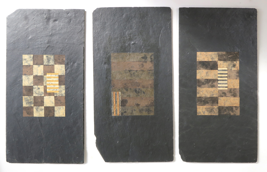 Nørregaard, Jette, måleri på skifferplattor, triptyk, signerad