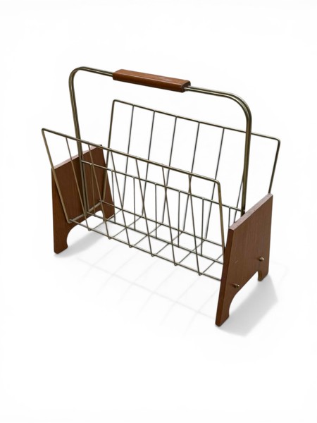 TIDNINGSSTÄLL, teak och gulmetall