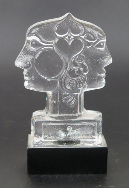 Vallien, Bertil för Boda trä, skulptur, glas, på träsockel, Janusansikte