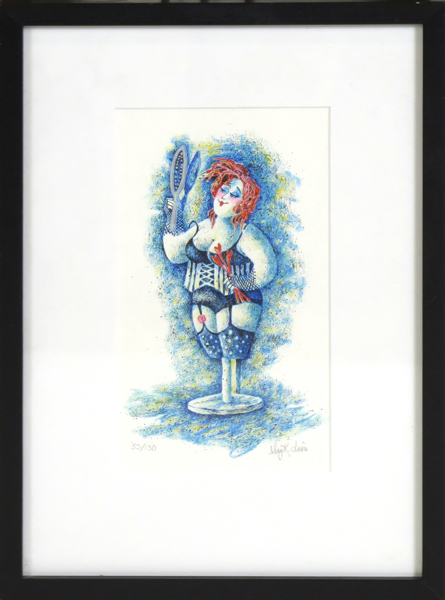 FÄRGLITOGRAFI, May K. Léon, "Spegel spegel på väggen där", signerad och numrerad 35/130, synlig pappersstorlek 24 x 13 cm