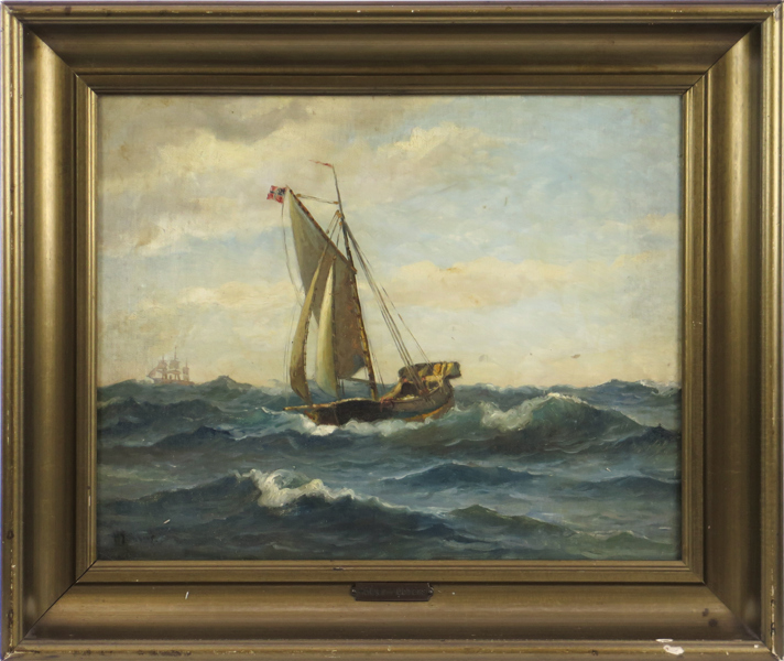 OLJA, Holger Lübbers, segelbåt med Unionsflagg, signerad, 27 x 34 cm