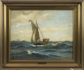 OLJA, Holger Lübbers, segelbåt med Unionsflagg, signerad, 27 x 34 cm