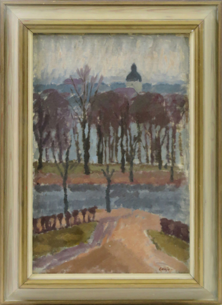 Lanje, Viking, olja, "Utsikt över Ätran mot Falkenberg" - St Laurentii Kyrka i fonden, signerad, 42 x 36 cm