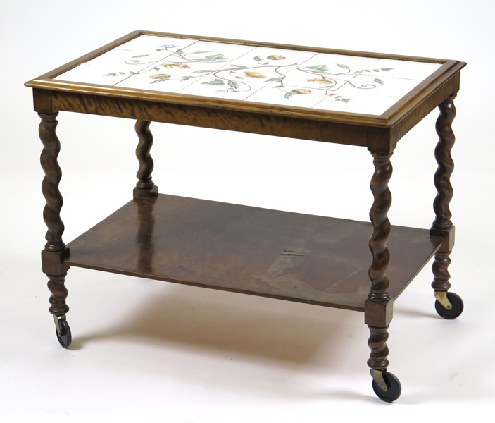 Serveringsvagn, svarvat och bonat trä med kakelplattor, 1930-40-tal