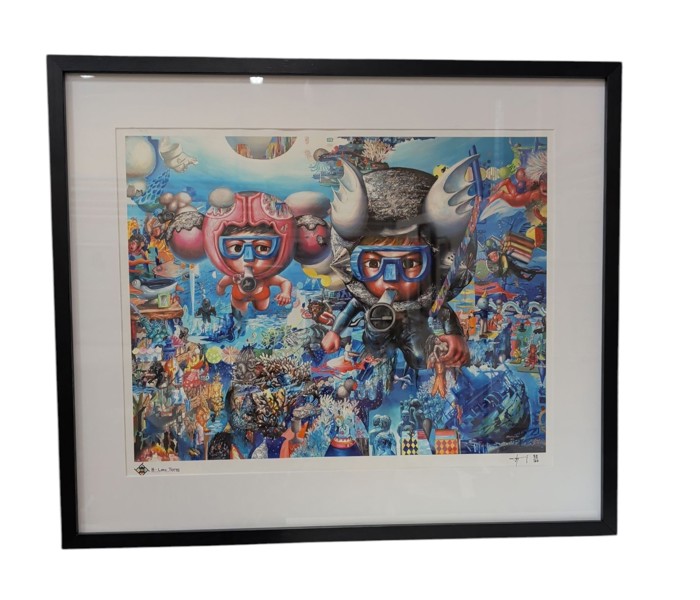 Inramad konstutskrift av den japanska konstnären Haroshi